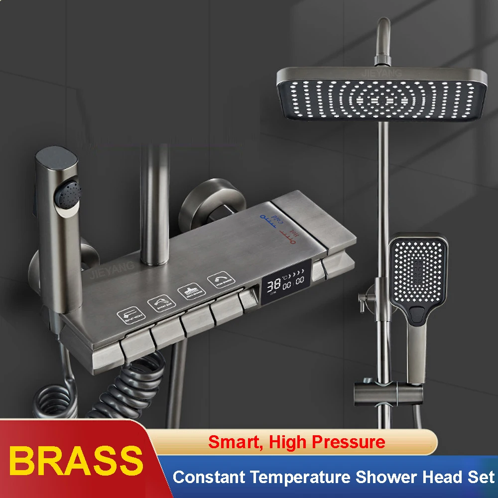 

Grey Piano Digital Display Shower Set Intelligent Brass Bathroom Faucet Hot Cold Waterfall Tap Rainfall Shower System Showerhead