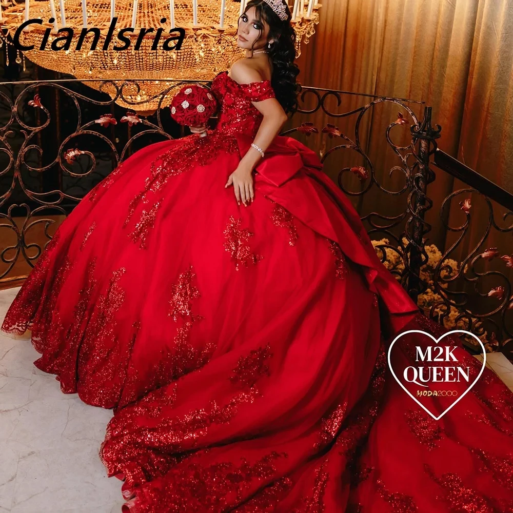 Red Sequined Appliques Lace Ball Gown Quinceanera Dresses Off The Shoulder Bow Corset Vestidos De 15 Años
Red Sequined Appliques Lace Ball Gown Quinceanera Dresses Off The Shoulder Bow Corset Vestidos De 15 Años