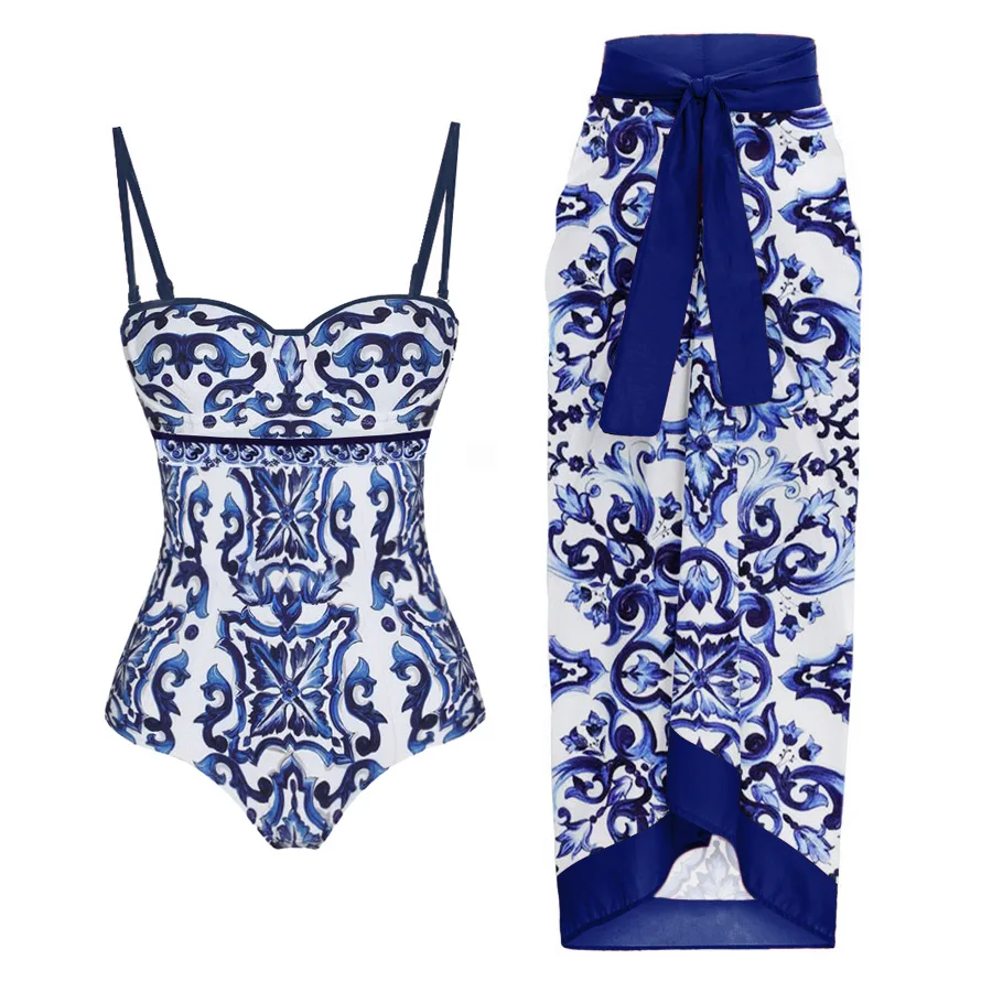 

New Women Royal Blue Leaves Print Swimwear Shoulder Strip Size Closure Swimsuits Cover Up Plant Printed Bikini