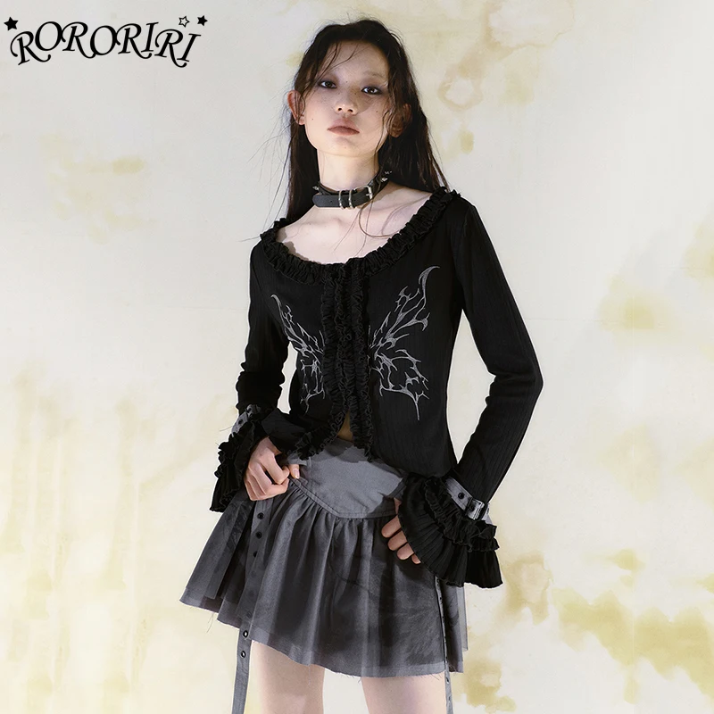 

RORORIRI Grunge Y2k Butterfly Embroidered Jumper Women Gothic Black Frill Trim Long Sleeves Sweater Top Harajuku Ribbed Knitwear