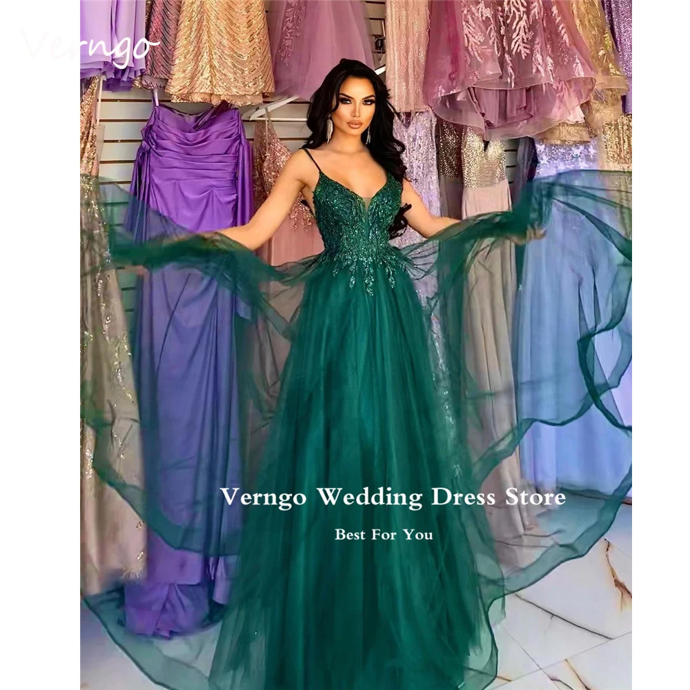

Verngo 2023 Green Tulle Applique Lace Prom Dresses Long Spaghetti Straps Evening Gowns Formal Party Dress Dubai Arabic Women