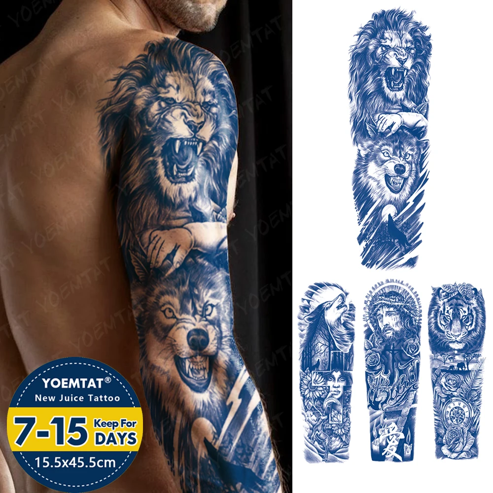 

Large Full Arm Sleeve Juice Ink Waterproof Temporary Tattoo Sticker Animal Lion Forest Moon Wolf Fake Tattoos Body Art Women Men