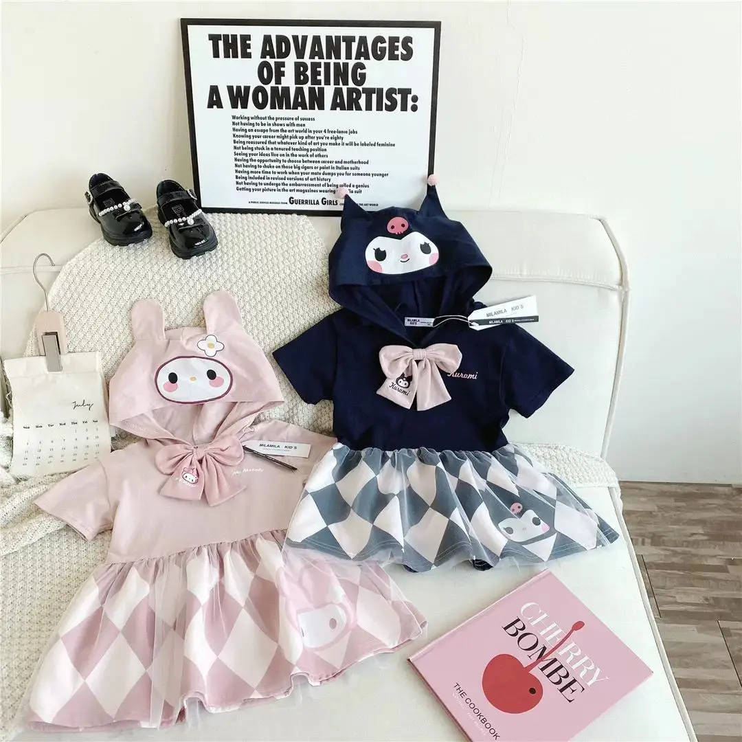 

2024 Sanrio Summer New Girl Dresses Kawaii Kuromi My Melody Cute Cartoon Young Girl Short Sleeve Gauze Princess Dress Girl Gift