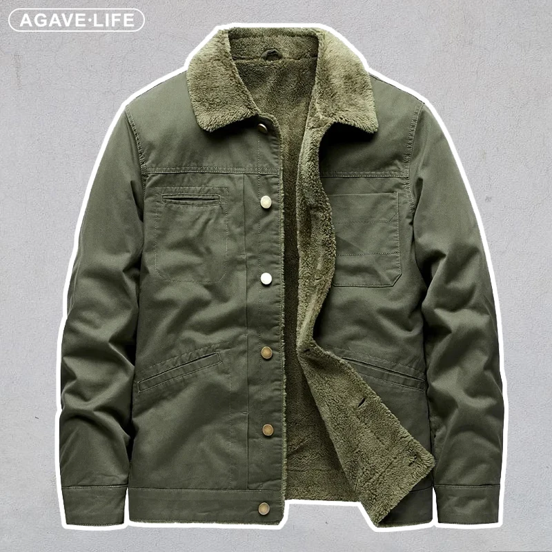 

Winter Men Jackets 100%cotton Coat Fleece-lined Thickened Warm Men's Outerwear Casual Khaki Green Lamb Parka Male Trendy Jacket