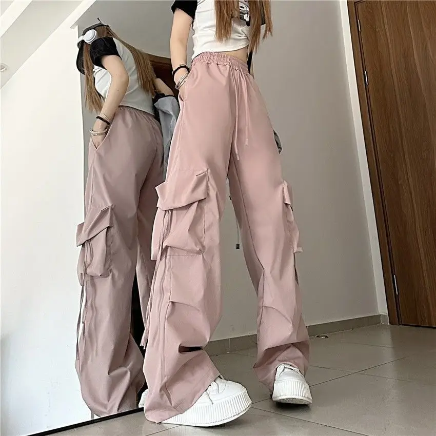 

Y2K Pink Cargo Parachute Pants Baggy Harajuku Oversized Wide Leg Sweatpants Female Hippie Korean Streetwear Trousers Summer