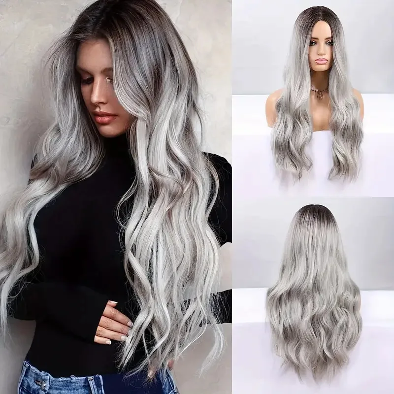 

Long Wavy Synthetic Wig 26Inch Ombre Silver Gray Wigs for Women Middle Part Wig with Dark Brown Roots Heat Resistant Hair