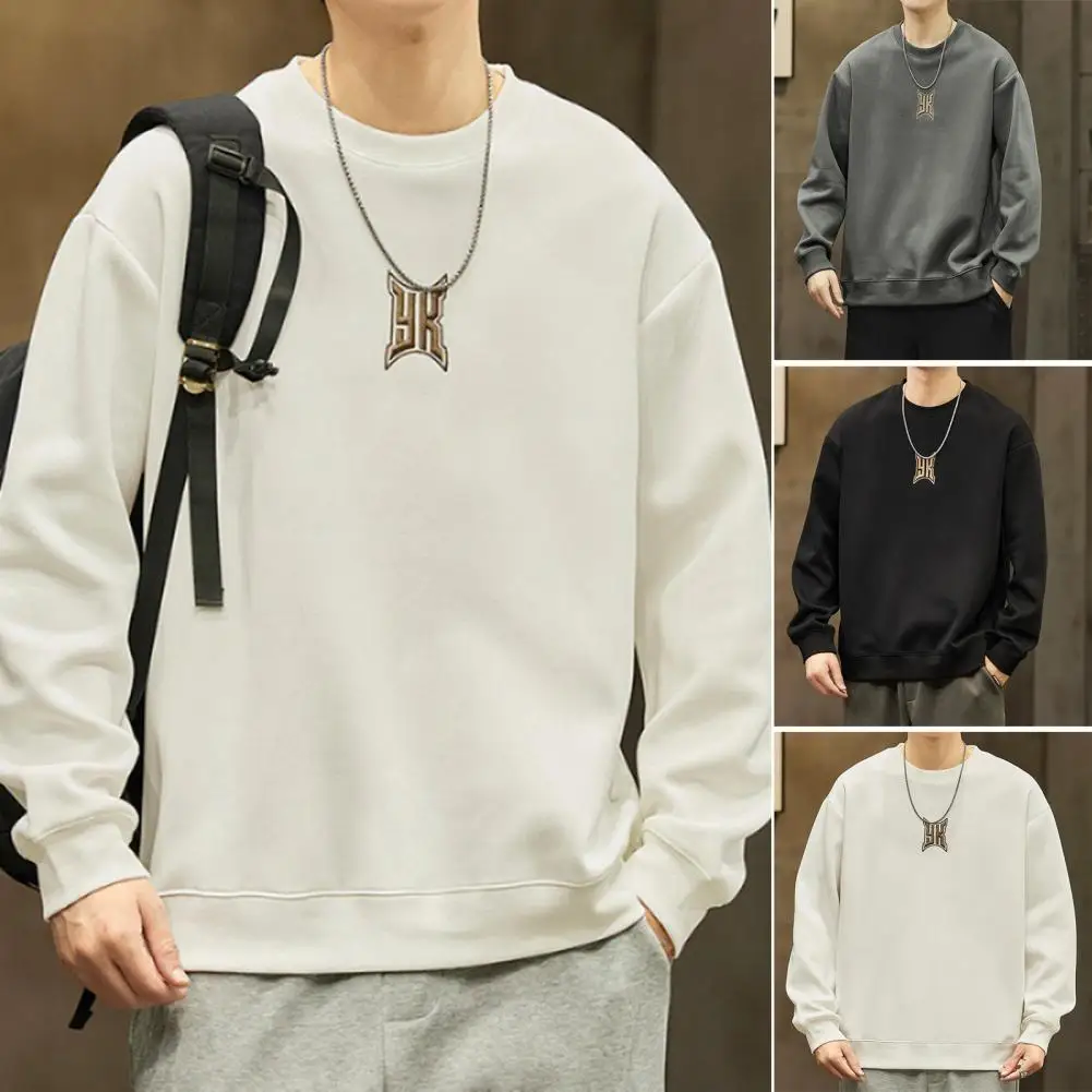 

Men Round Neck Sweatshirt Men's Crew Neck Sweatshirt with Embroidery Detail Loose Fit Pullover for Fall Winter Thick Warm Casual