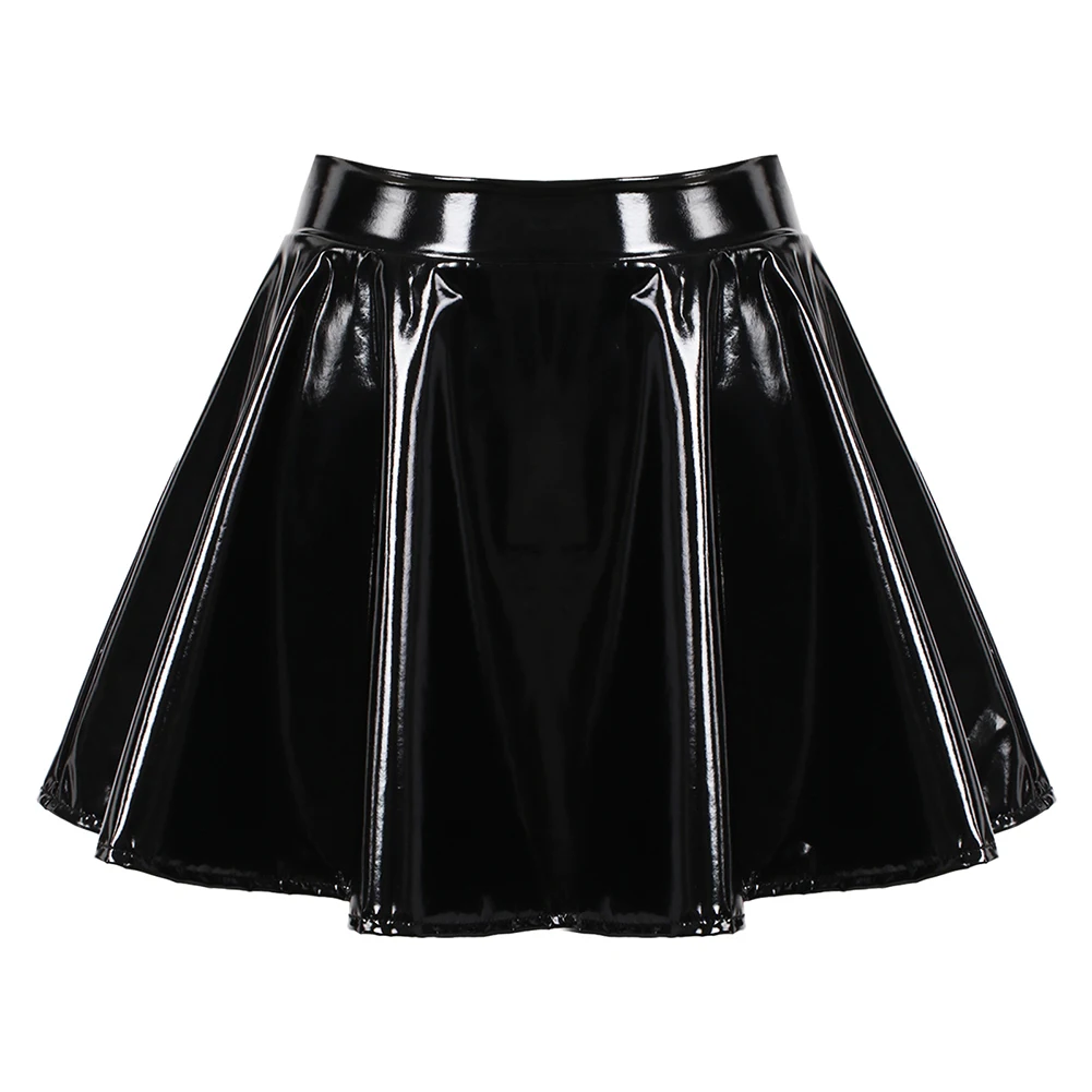 

Flared Miniskirt for Women Glossy Patent Leather Skirt Dance Performance Mini Skirt Elastic Waistband Retro Style