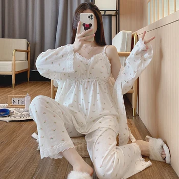 3PCs/set 100% Cotton Maternity Nursing Sleepwear Sets Loose Pajamas Suits Clothes for Pregnant Women Pregnancy Home Lounge Wear