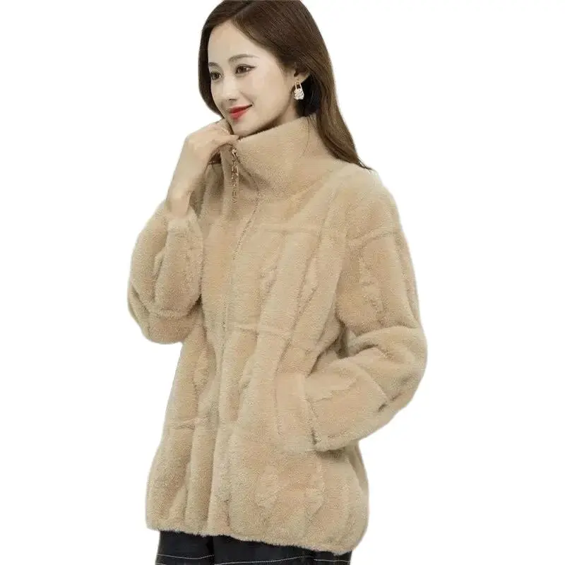 

Fashion Solid Color Woolen Coat New 2023 Mother Lapel Autumn And Winter Jacket Imitation Mink Cashmere Cardigan Coat Zipper