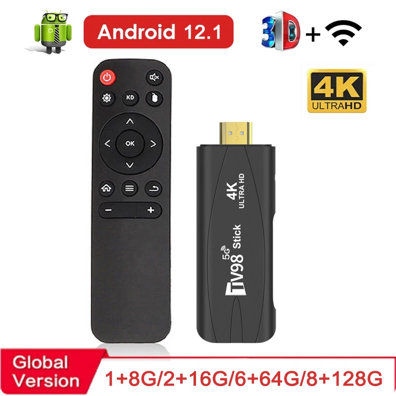 4K Smart TV Stick TV98 Android TV 2.4G 5G Wifi Android 12.1 Rockchip 3228A 8GB/128GB 4K HD 3D Smart Android TV Stick
4K Smart TV Stick TV98 Android TV 2.4G 5G Wifi Android 12.1 Rockchip 3228A 8GB/128GB 4K HD 3D Smart Android TV Stick