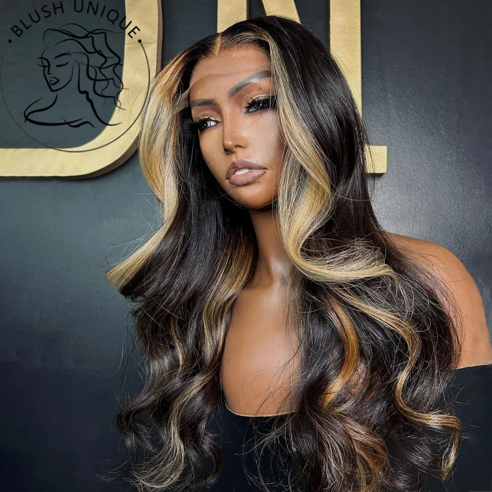 

Skunk Stripe Highlight Blonde Body Wave 13X4 Lace Front Wig 180 Density Synthetic Ombre Blonde /Green Lace Wigs For Black Women