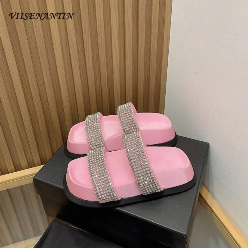 

Diamond Cloth Comfortable Women Summer Slides Shoes Cool Crystal Strap Slip on Bing Bling Flat Platform Beach Sandal Luxury