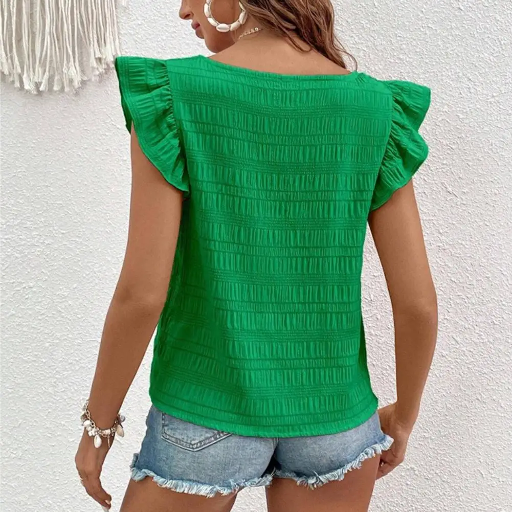 

Relaxed Casual Style Top Stylish Square Collar Women's Summer Blouse with Flying Sleeve Loose Fit Pleated Top for Streetwear