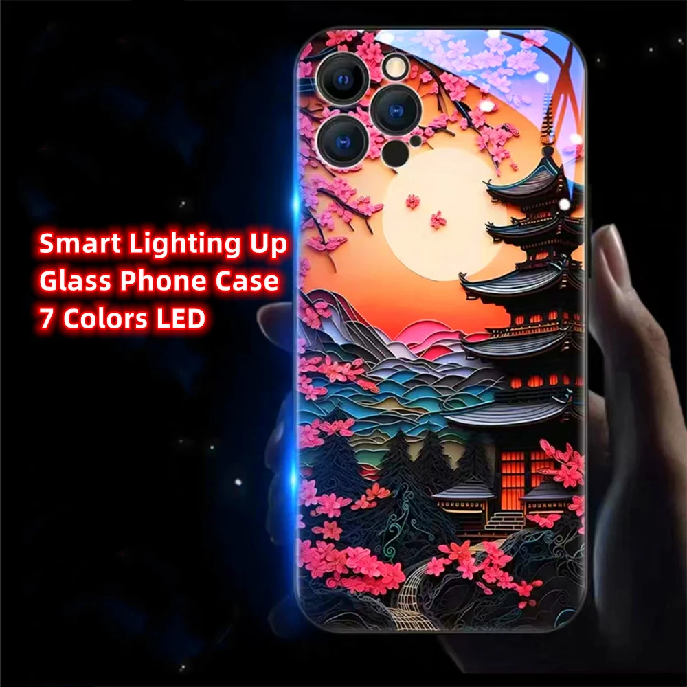 

Peach Blossom Pavilion Design Smart LED Light Glowing Glass Phone Case For Samsung S24 S23 S22 S21 S20 FE Note 10 20 Plus Ultra