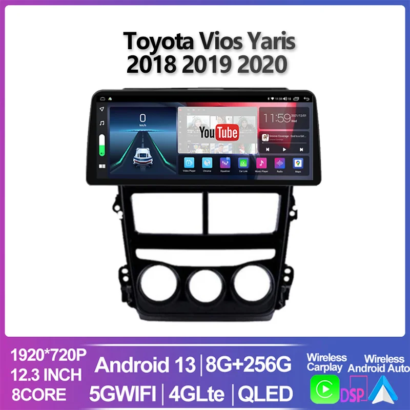 

12.3 “ For Toyota Vios Yaris 2018 2019 2020 Android 13 Autoradio Car Radio Stereo Video Multimedia Player Qled Display GPS Navi