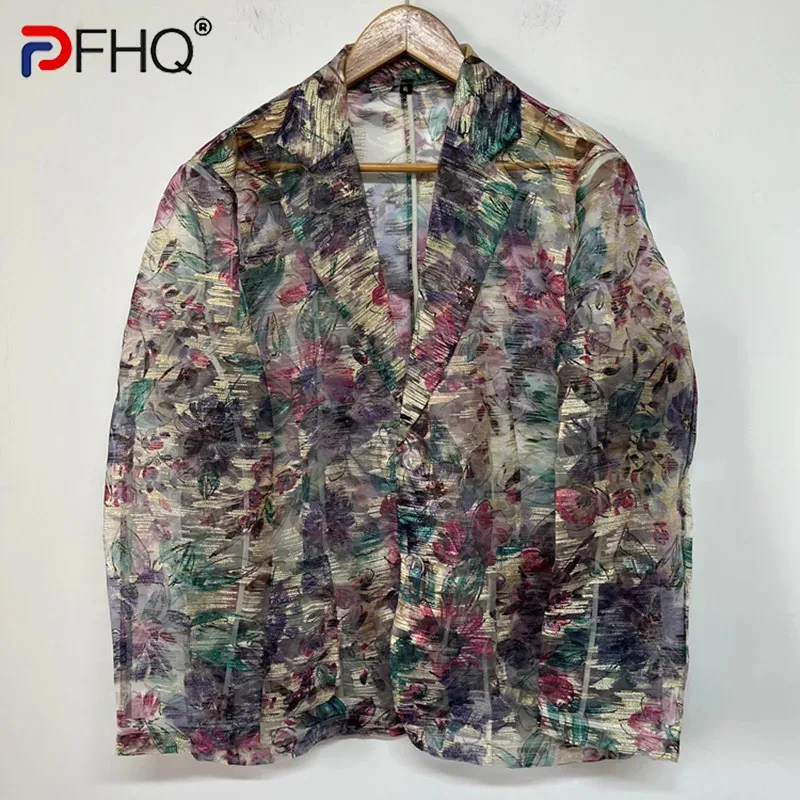 

PFHQ Men's Summer Colorful Print Blazers Perspective Jacquard Organza Sexy Baggy Light Luxury Male Sun Protection Coat 21Z4561