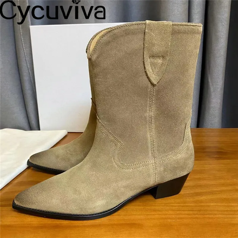 

Hot Cow Suede Ankle Boots For Women Pointy Toe Chunky Kitten Heels Short Booties Designer Classic Chelsea Boots Botas Femininas