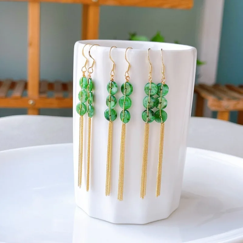 14k Gold Injection Natural Jade Three Ping Buckle Long Tassel Green Earrings for Women in Chinese Style Vintage Party Girl Gift
14k Gold Injection Natural Jade Three Ping Buckle Long Tassel Green Earrings for Women in Chinese Style Vintage Party Girl Gift