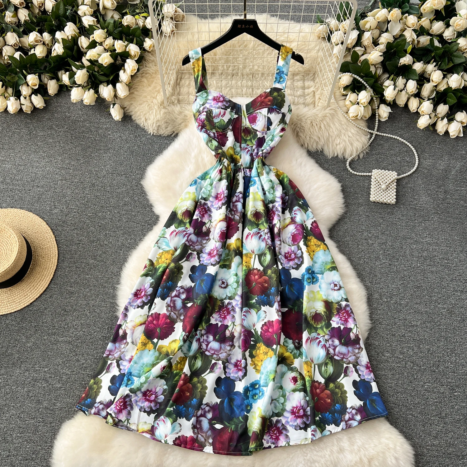 

Runway 2024 Fashion Summer Dresses for Women Floral Print Spaghetti Strap Midi Vacation Beach Dress Backless Sexy Party Vestidos