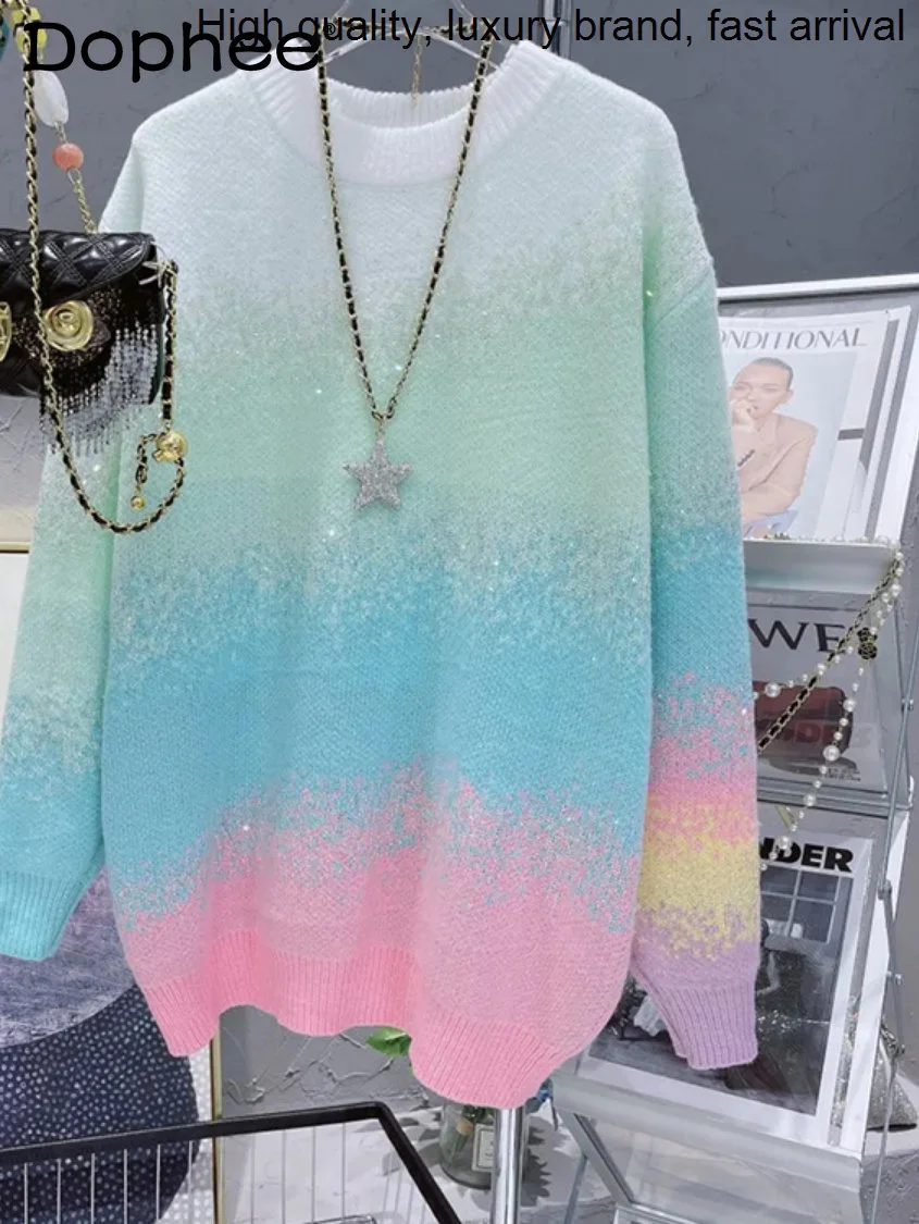 Striped Sweet Rainbow Tie-dye Rhinestone Knitwear Pullover Women's Loose Lazy Style Sweater Female 2023 Autumn Winter Sweaters
Striped Sweet Rainbow Tie-dye Rhinestone Knitwear Pullover Women's Loose Lazy Style Sweater Female 2023 Autumn Winter Sweaters