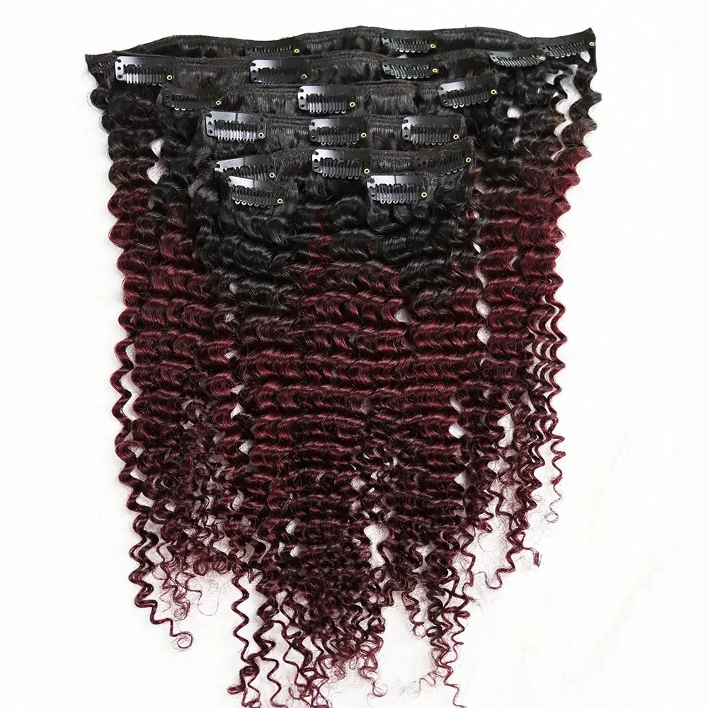 

1B 4 27 Ombre Color Mongolian Kinky Curly Clip Ins Human Hair Extensions 10 Pcs/Set Clips Ins Hair Extensions burgundy 99J Color