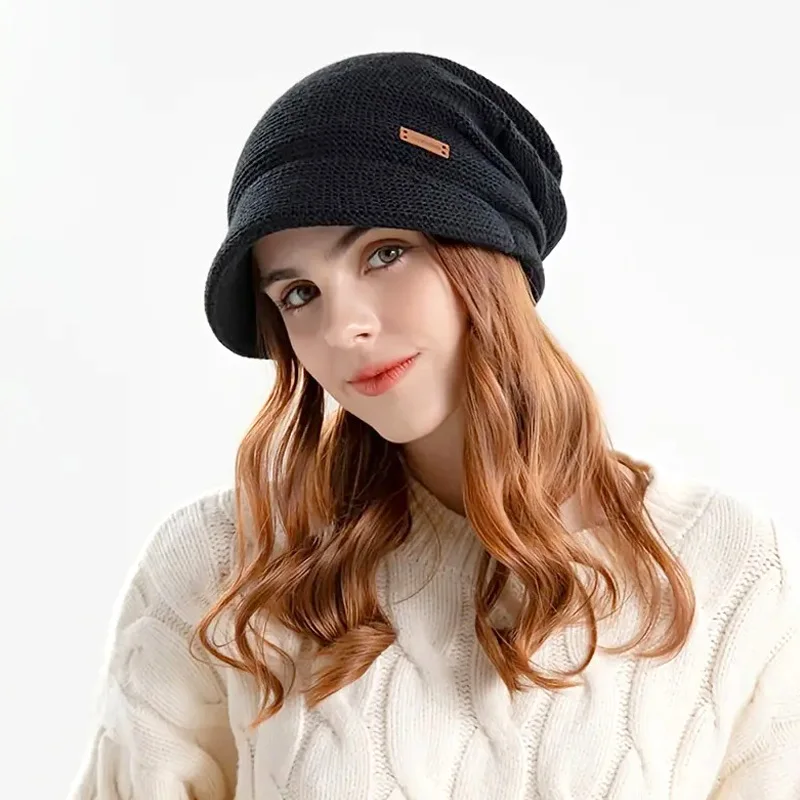 

Women Ear Protection Plus Velvet Short Brim Knitted Fleece Lined Beanie Hat Baggy Cap Casual Outdoor Thickened Solid Color
