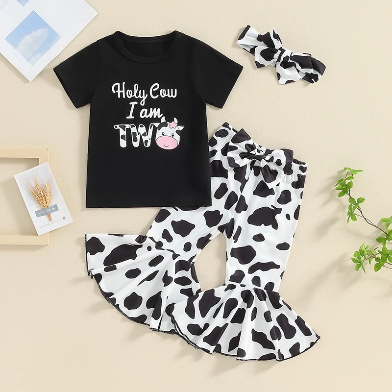 

Комплект одежды для девочек на 2-й день рождения с изображением животных и коровы, одежда на двухлетний день рождения с повязкой на голову, комплект одежды из 3 предметов