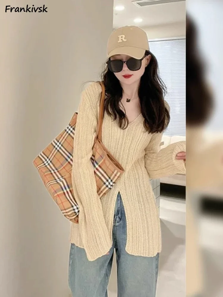 

Side-slit Sweaters Women Chic Slouchy Temperament Office Lady All-match V-neck Korean Style Hipster Slim Fashion Knitting Autumn