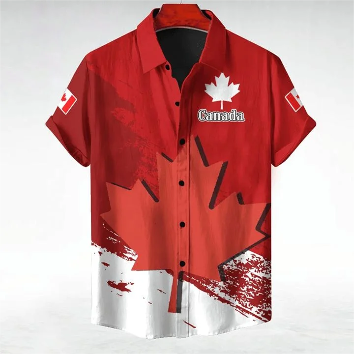

Canada National Emblem Map Short Sleeve Shirts For Men Clothes Maple Leaves Blouses Haida Flag Lapel Blouse Hawaii Sport Jersey