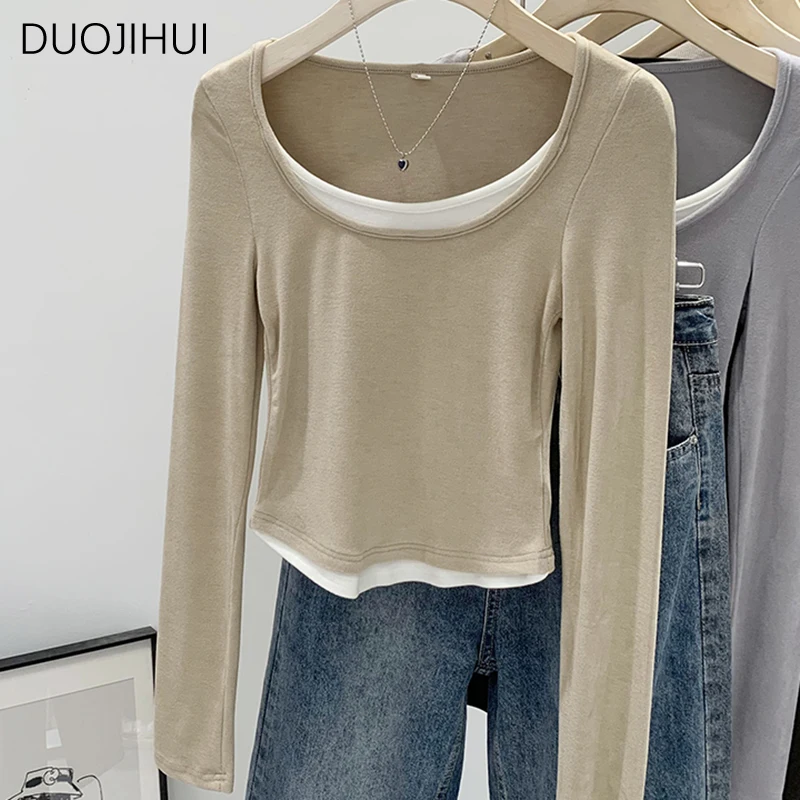 

DUOJIHUI Fake Two Piece Contrast Color Casual Female T-shirts Autumn New Basic Long Sleeve Fashion Simple Casual Women T-shirts