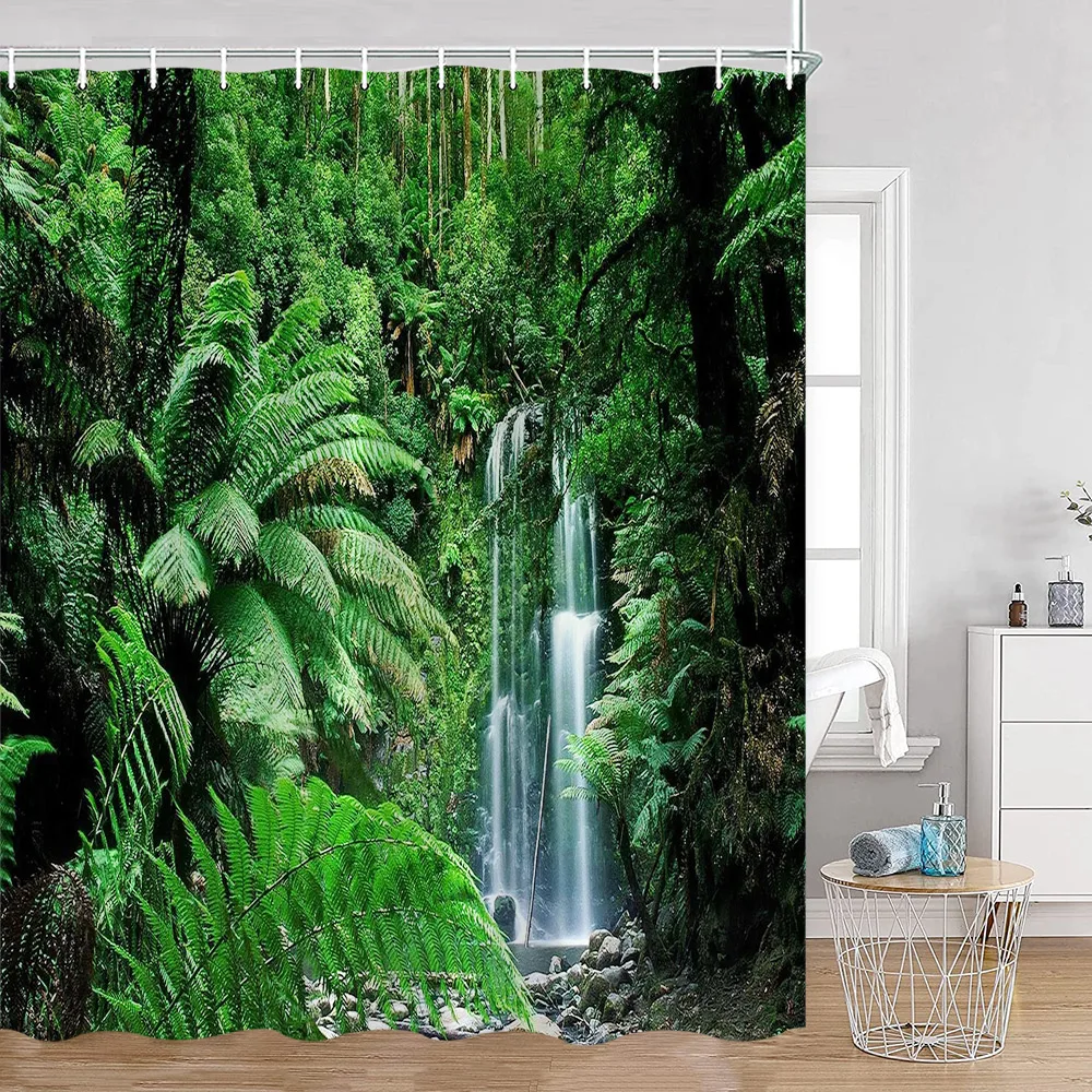 

Tropical Jungle Waterfall Shower Curtains Natural Green Plants Trees Forest Landscape Wall Hanging Home Bathroom Curtain Decor