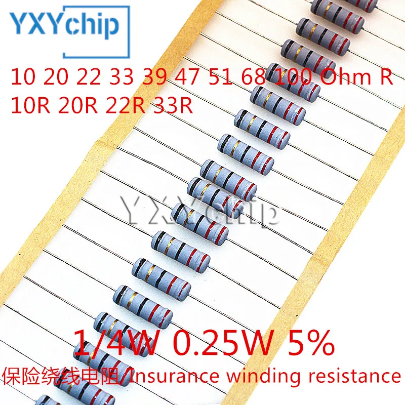

1/4W Wirewound Fuse Resistance Accuracy 5% 10 20 22 33 39 47 51 68 100 Ohm R 0.25W Wire Wound Resistor 10R 20R 22R 33R