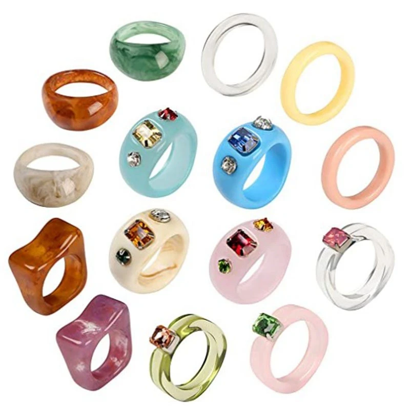 

Retail 15 Pcs Resin Rings Acrylic Cute Trendy Rings Colorful Rhinestone Rings Jewelry Plastic Square Gem Stackable Chunky Ring