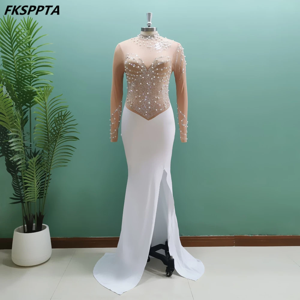 

Chic White Pearls Mermaid Long Evening Dress High Neck Full Sleeves See Through Women Special Occasion Gowns Robe De Soiree