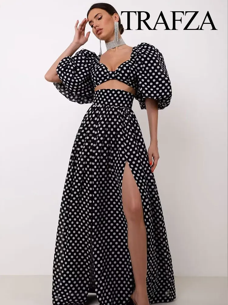 

TRAFZA 2024 Female Vintage Polka Dots Printed 2 Piece Set Short Sleeves Square Neck Cropped Top High Waist Slit Skirt Chic Suit