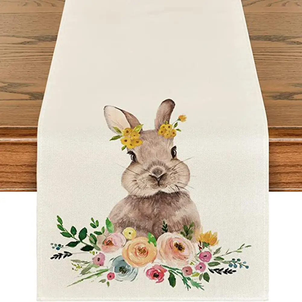 

Table Runner Decor Linen Table Runner Easter Table Runner with Rabbit Pattern Happy Easter Egg Bunny Decoration for Home Holiday
