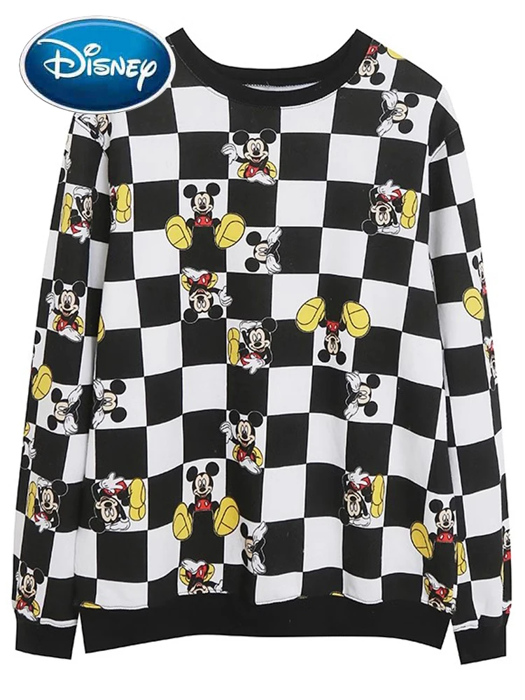

Disney Sweatshirt Fashion Mickey Mouse Plaid Contrast Color Cartoon Print Harajuku Women O-Neck Long Sleeve Jumper Tops Female