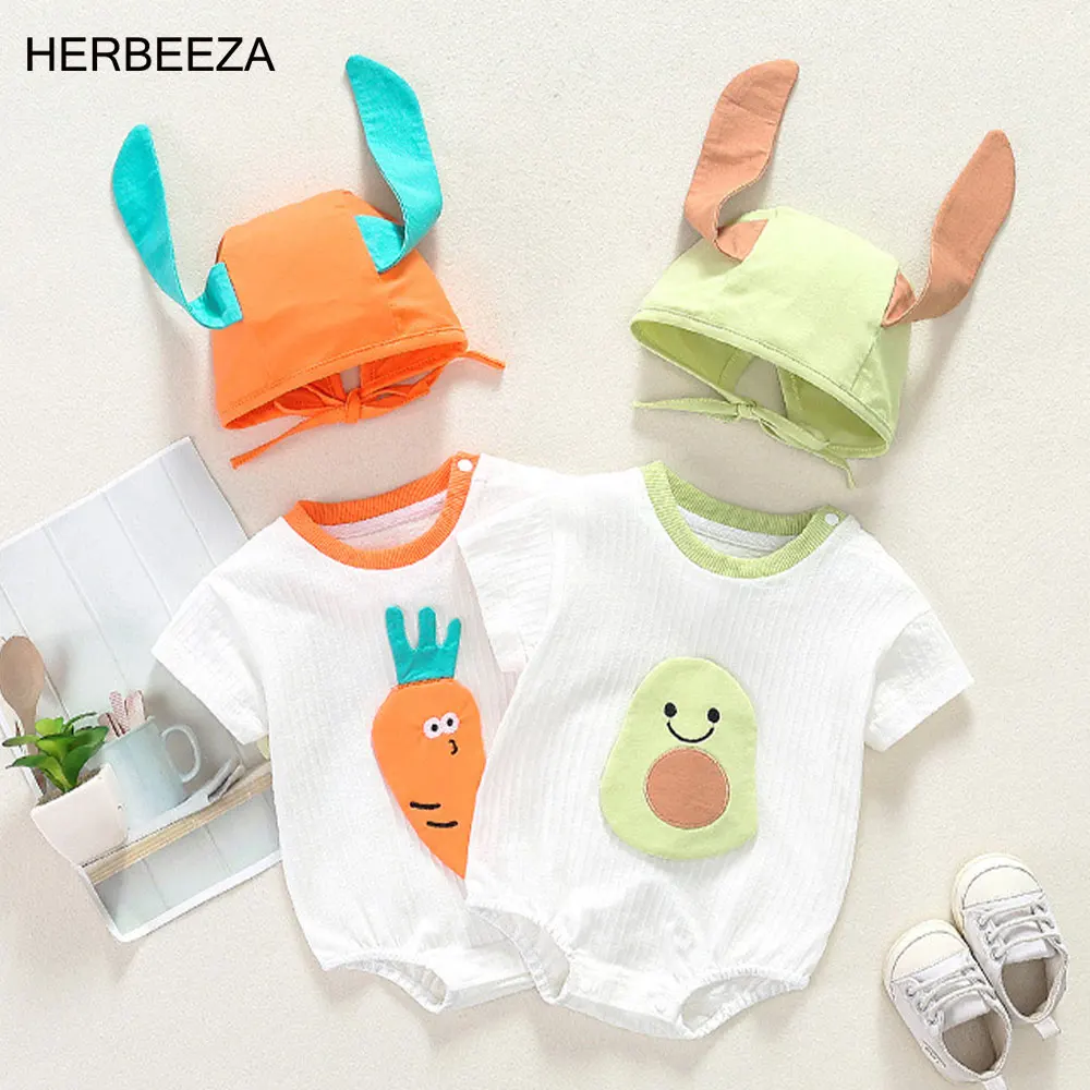 

Cotton Baby Girl Clothes summer avocado print Infant Rompers short sleeve Newborn Born Jumpsuit Clothes For Babies+hat 2pce set