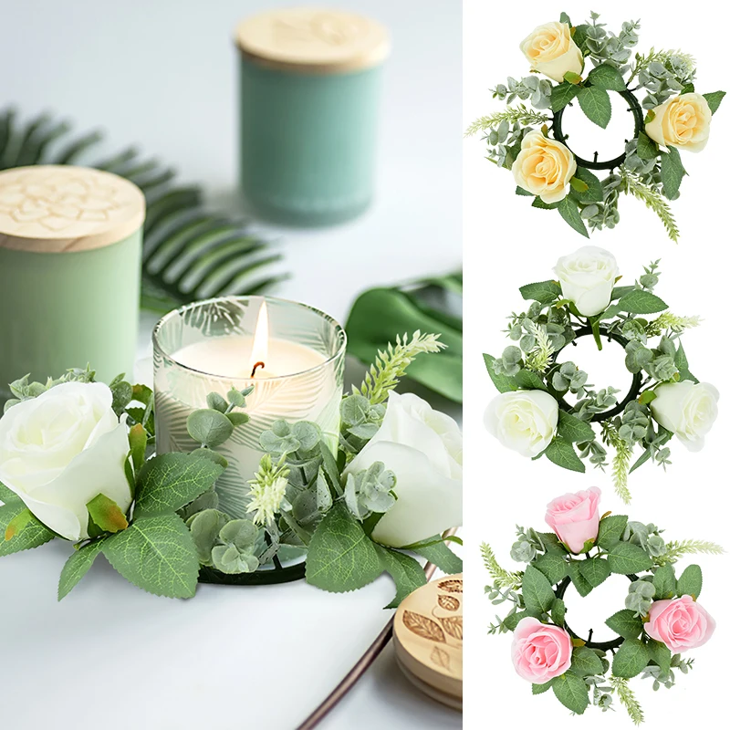 

22cm Artificial Rose Flower Wreath Candlestick Christmas Decoration For Home Wedding Party Table Centerpiece Ornaments