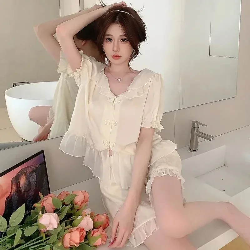 Pajama Sets Women Korean Kawaii Ice Silk Nightwear 2023 Summer New Short-Sleeved Shorts 2 Piece Set Senior Girl Suit Home Servic
Pajama Sets Women Korean Kawaii Ice Silk Nightwear 2023 Summer New Short-Sleeved Shorts 2 Piece Set Senior Girl Suit Home Servic
