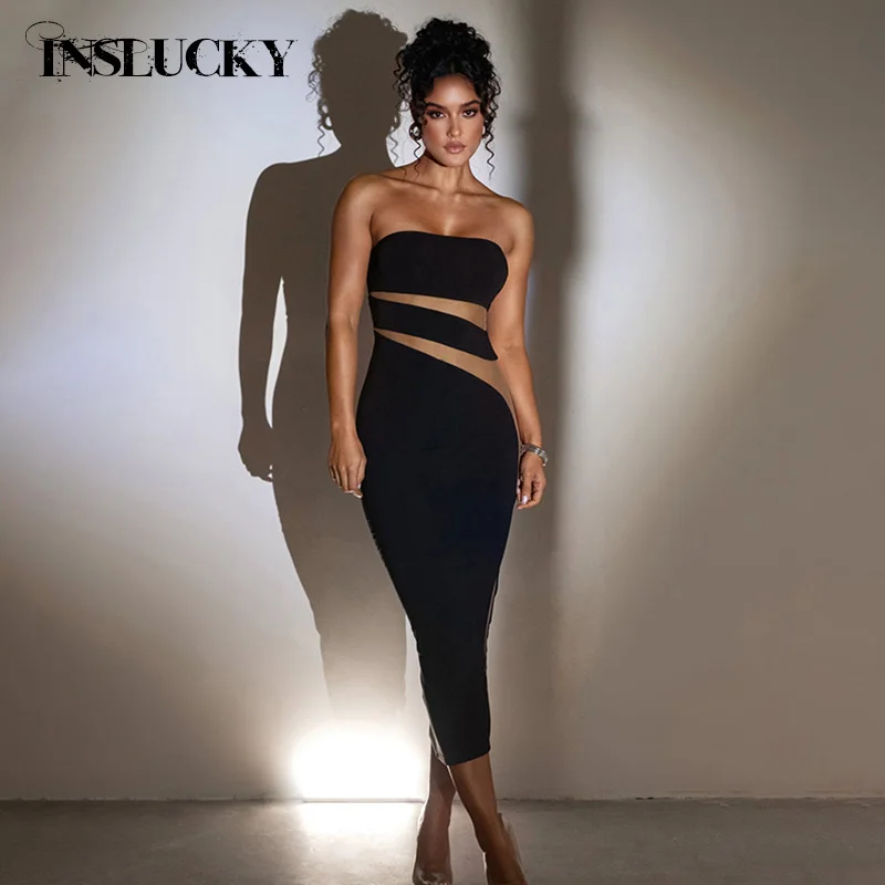 

InsLucky Sexy Strapless Bodycon Dresses Show Bodycon Backless Mesh Splicing See Through Midi Dress Office Lady Elegant Evening