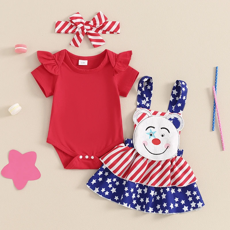 

Infant Girl 4th Of July Dress Ruffle Short Sleeve Romper American Flag Suspender Skirt Overall Headband Summer Set
