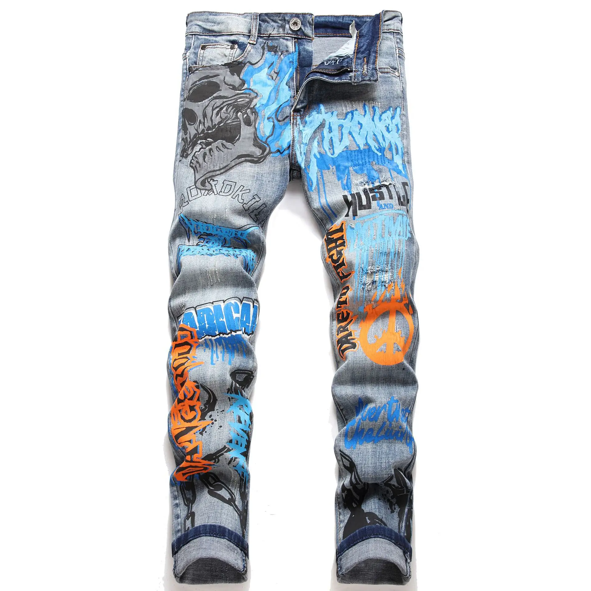 

Punk Fashion Light Blue Washed Printed Ripped Jeans Men's Straight Slim Denim Trousers Streetwear Male Casual Skinny Jeans Pants