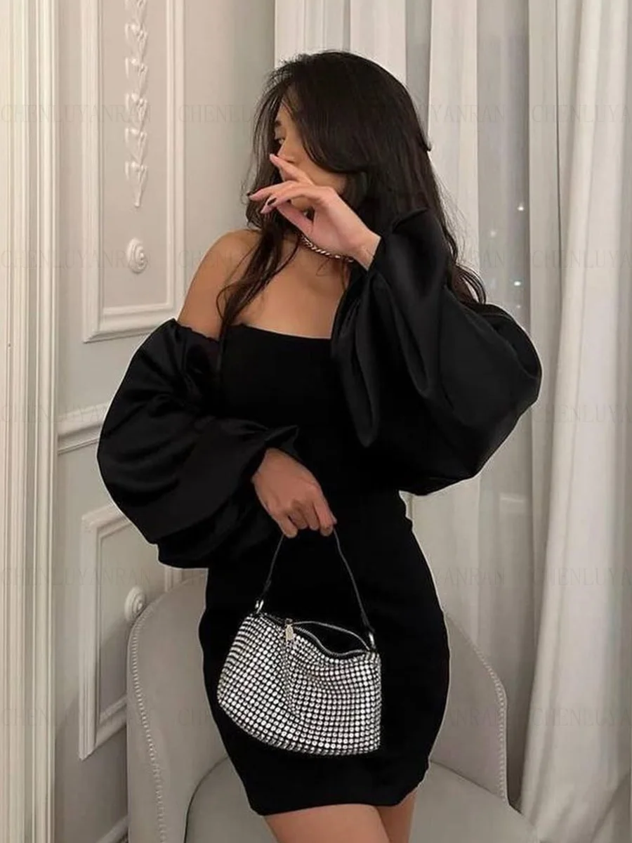 

Black Formal Occasion Dresses 2023 Long Puff Sleeves Sexy Evening Gowns Off-Shoulder Mini Sexy Formal Party Dress فساتين السهرة