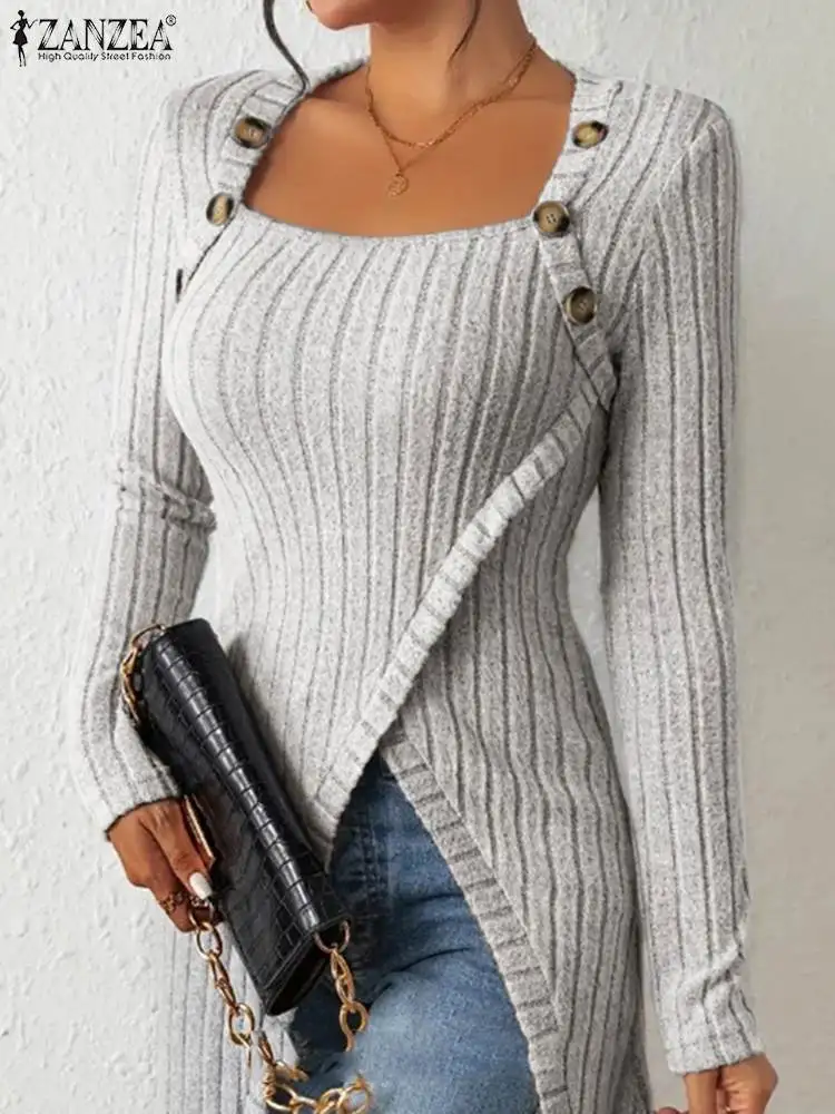 

Сексуальная элегантная женская блузка ZANZEA, весенние топы в рубчик с длинным рукавом, приталенная рубашка с квадратным воротником, модная Рабочая Женская туника