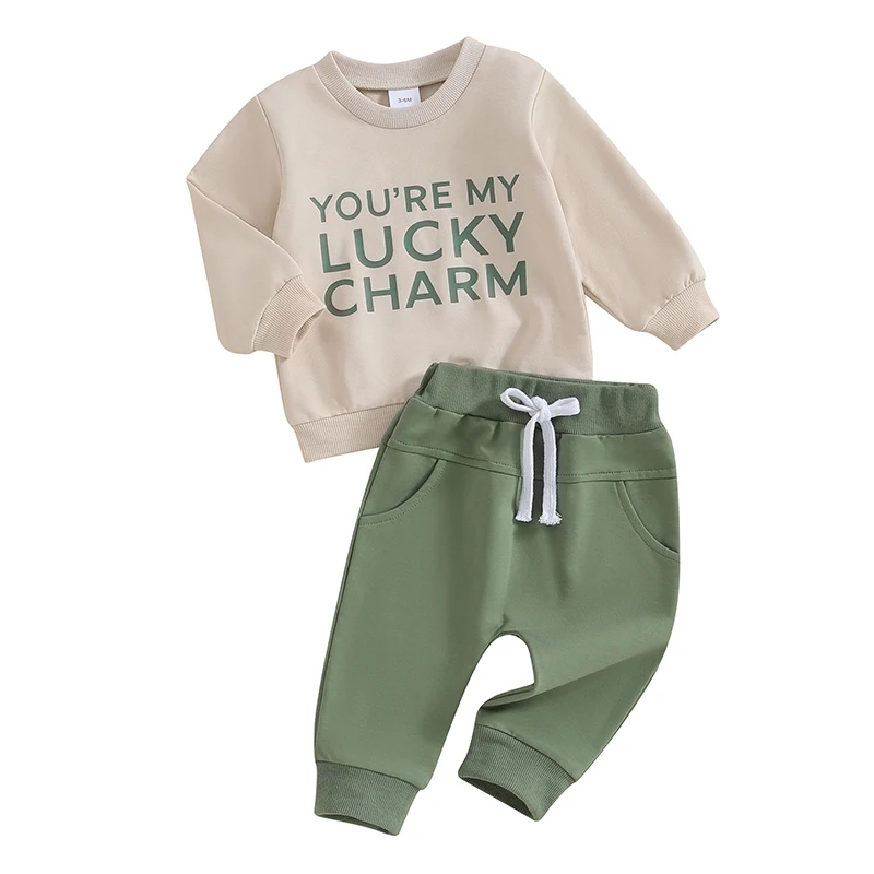 

Baby Boy Girl St Patricks Day Outfit Lucky Clover Long Sleeve Sweatshirt Top Elastic Waist Pants 2pcs Clothes Set