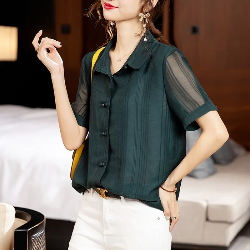 

Women's Summer Turn-down Collar Button Solid Short Sleeve Chiffon Gauze Cardigan Shirt Casual Elegant Vacation Fashion Tops