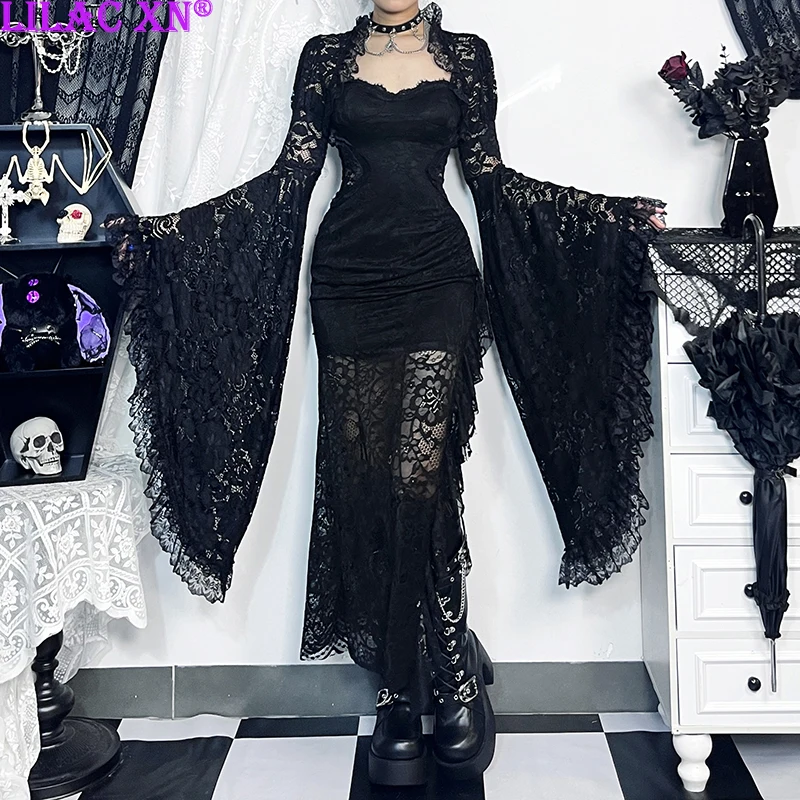 

Goth Black Floral Lace Mesh See Through Smock Women Tops Sexy Aesthetic Flared Sleeve Shawl Capes Poncho Streetwear Tops T-Shirt