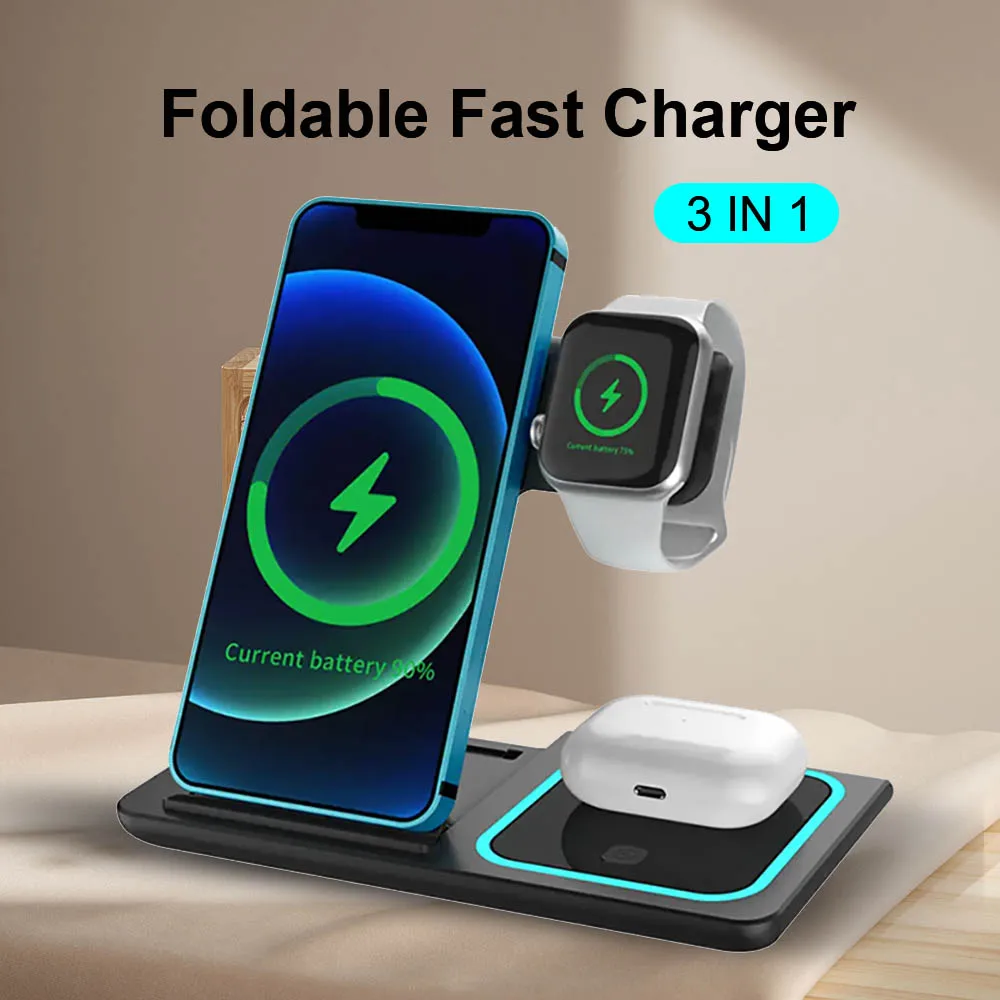 

3 in 1 Foldable 15W LED Fast Wireless Charger Stand For iPhone 15 14 13 12 Apple Watch Airpods Pro iWatch 9 8 7 Charging Station